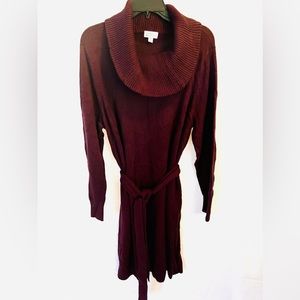 Maroon sweater dress, knee length.